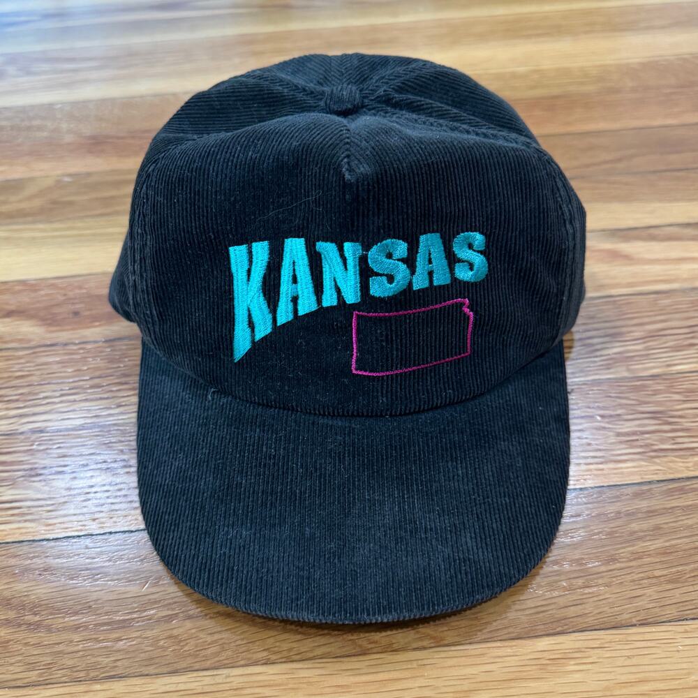 Vintage Corduroy Snapback Hat KANSAS Trucker Cap Black Teal Made in USA RARE